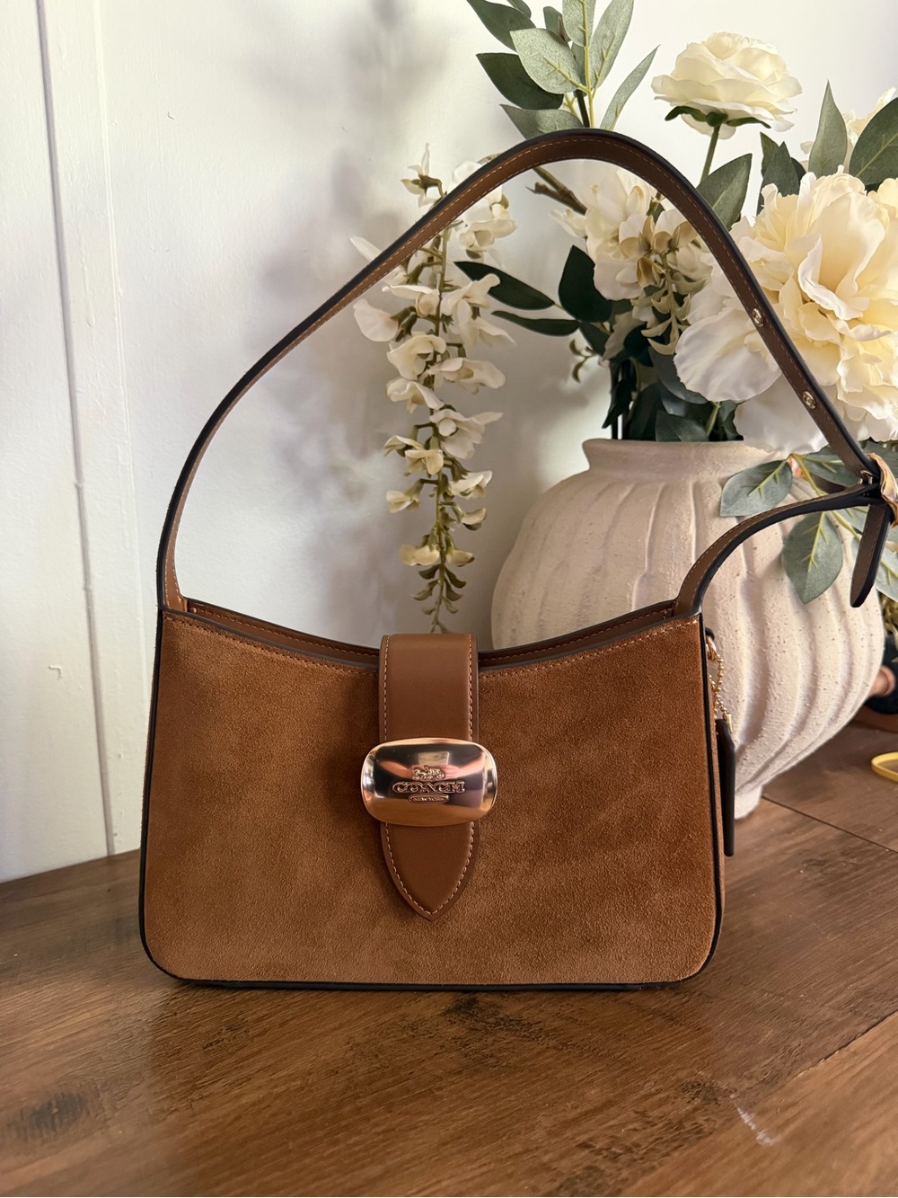 Coach Eliza Shoulder Bag in Warm Brown Suede
